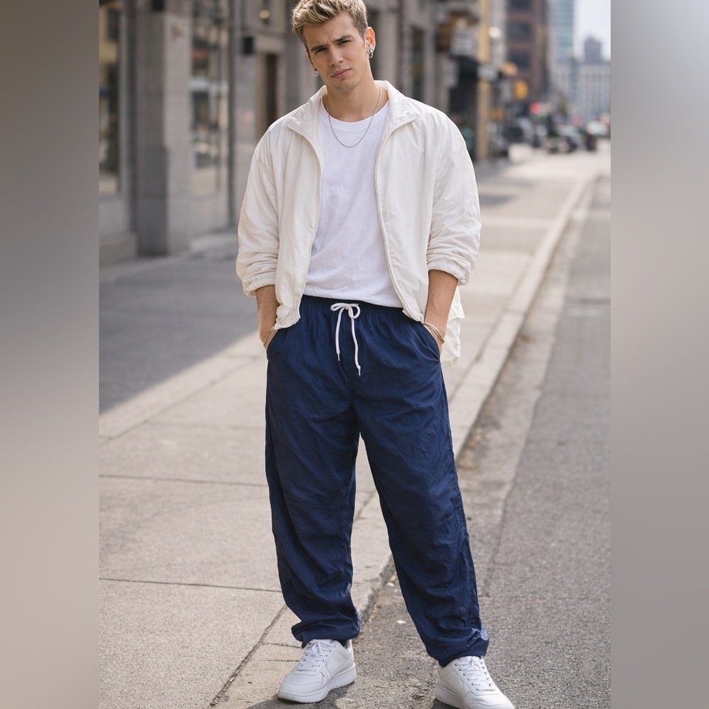 Vintage TAIL Nylon Track Pants Blue Windbreaker Joggers Zip Ankle Retro Streetwe